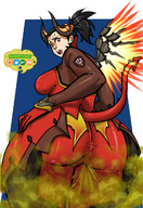 drawing horns wings black_hair color butt red_eyes fart looking_back clothing_entrapment swampyart