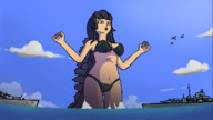 bikini drawing giantess black_hair color ocean airplane sky ships bigbeerbear