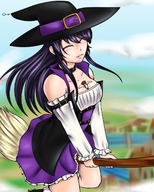 drawing gentle blushing black_hair color cleavage witch flying shrunken_person between_breasts rayraywolfie