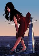 drawing city black_hair long_hair destruction high_heels helicopter dress bending_over open_mouth outdoors spuski