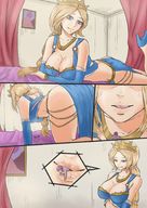 drawing blonde long_hair cleavage high_heels bed smiling ponytail lying_down crown shrunken_man hugging inside_mouth indoors necklace skimpy_clothing