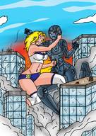 drawing giantess city blonde large_breasts long_hair robot destruction cleavage fighting giantesses outdoors kneepads skimpy_clothing punching booman1
