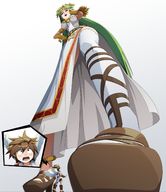 drawing giantess panties blushing upskirt color large_breasts long_hair clothed high_heels stockings low_angle green_hair dress surprised ankle_bracelet no_background looking_at_tiny pit palutena kid_icarus ravenravenraven