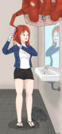 drawing large_breasts long_hair clothed cleavage red_hair sandals bathroom indoors flip_flops mirror giantwaifus brushing_hair