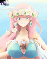 bikini drawing large_breasts long_hair clothed smiling pink_hair shrunken_woman looking_down gamefreakdx between_breasts