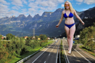 bikini giantess collage blonde long_hair walking sunglasses mountains vehicles outdoors shannon_davies