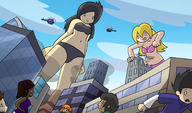 drawing giantess panties city black_hair color long_hair destruction rampage bra buildings helicopter underwear low_angle looking_down giantesses outdoors running_away megamaliit
