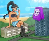 drawing giantess black_hair long_hair clothed buildings ponytail boots sitting phone shorts dark_skin outdoors jacket earrings legs_crossed gum bored sitting_on_building tubetop bare_midriff velvet-lily
