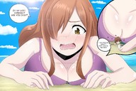 drawing blushing large_breasts cleavage brunette lying_down surprised heart pinned dialogue worried cutaway konosuba wiz greenmatcha satou_kasama