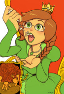 drawing vore long_hair clothed in_stomach glasses brunette dress sitting crown queen open_mouth tinies braid necklace throne cutaway spittyart