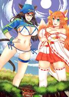 bikini drawing giantess black_hair long_hair cleavage skirt huge_breasts smiling fox_ears fox_tail shrine socks red_hair giantesses forest outdoors hands_on_hips bell heterochromia arms_folded cysh_aizen yueokinawa
