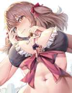 drawing blushing city large_breasts long_hair climbing ribbon brunette shrunken_man looking_down outdoors apple13 bare_midriff between_breasts
