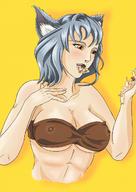 drawing white_hair vore blushing large_breasts handheld cleavage cat_ears shrunken_woman looking_down open_mouth no_background nalzindar