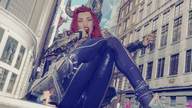 giantess crush vore horns city long_hair destruction clothed handheld demon red_hair boots sitting open_mouth giantesses outdoors digital_render skintight_clothing vexillemacro
