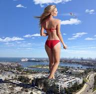bikini giantess collage city blonde long_hair destruction helicopter walking vehicles outdoors blowing
