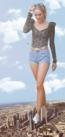 giantess collage city destruction clothed buildings airplane walking looking_down sunglasses outdoors necklace