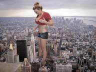 breasts giantess collage city mega blonde large_breasts cleavage shorts looking_down jordan_carver new_york_city toxiceyegts hair_bun bare_midriff