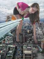 giantess city destruction cleavage high_heels glasses brunette unknown_artist red_nails aerial_view bending_down