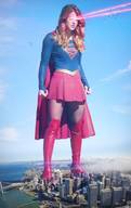 giantess collage giga city mega blonde long_hair destruction skirt boots supergirl airplane outdoors cape lasers dc_comics