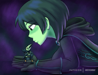 drawing gentle blushing color large_breasts clothed handheld green_eyes blue_hair couple dress lying_down short_hair surprised shrunken_man hood no_background green_skin looking_at_tiny yacht_club_games micromike pursed_lips shovel_knight_(series) plague_knight mona_(shovel_knight)