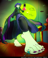drawing feet color clothed barefoot green_eyes blue_hair low_angle dress walking potion shrunken_man indoors under_foot book shovel torch purple_nails green_skin looking_at_tiny shovel_knight yacht_club_games wooden_floor chitteringbones shovel_knight_(series) mona_(shovel_knight)
