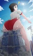 drawing giantess blushing city mega black_hair color butt destruction buildings glasses butt_crush sweat short_hair surprised outdoors dialogue jenny sitting_on_building wii_fit_trainer thedaibijin