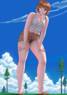 breasts drawing gentle giantess color blue_eyes clothed brunette looking_down flip_flops winking janvill morgan_porter