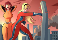 drawing giantess city mega blonde black_hair color large_breasts long_hair destruction rampage buildings angry giganta gloves red_hair bondage skyscraper giantesses rope punch costume catsuit wonder_woman necklace belt cassie tiara body_suit dc_comics wonder_girl donna_troy human_jewelry caiman2 titanna cassie_sandsmark