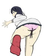 drawing panties upskirt black_hair long_hair socks surprised looking_back big_butt no_background stuck_to_butt sweat_drop justicezeros