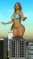 bikini giantess blushing city blonde long_hair destruction surprised outdoors necklace debris digital_render