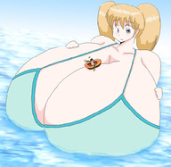 bikini drawing giantess blonde long_hair cleavage water huge_breasts smiling twintails looking_down outdoors raft on_breasts woomy