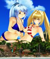 bikini giantess white_hair blonde beach cleavage giantesses palm_trees digital_render desu-of-hakurei