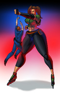 drawing large_breasts long_hair police ponytail mini_giantess handcuffs hanging_on thick_thighs no_background roller_blades bare_midriff billy_nunez