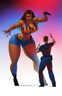 drawing clothed cleavage huge_breasts brunette police mini_giantess shorts teasing looking_down dark_skin handcuffs thick_thighs no_background bare_midriff billy_nunez