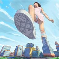 drawing giantess city upskirt color green_eyes brunette foot_crush sneakers video_game clouds sky imminent_crush buggysplat