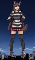 drawing giantess city long_hair clothed brunette fox_ears fox_tail outdoors hands_on_hips rifthebit
