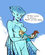 drawing giantess color large_breasts clothed handheld smiling ruto blue_skin looking_down zora earrings dialogue the_legend_of_zelda link_(the_legend_of_zelda)