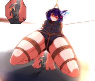 drawing giantess cum swimsuit purple_hair angry sweat short_hair bondage looking_down umbrella no_background hsync