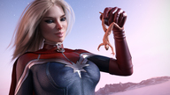 nude blonde comic handheld superhero shrunken_man suit leather latex looking_at_victim twilight digital_render hovering lfcfan silverstar