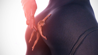 nude blonde comic handheld high_heels superhero shrunken_woman shrunken_man laughing suit leather latex thighs looking_at_victim twilight digital_render hovering lfcfan silverstar kissing_ass