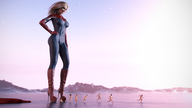 nude blonde comic high_heels superhero shrunken_woman shrunken_man suit leather latex thighs looking_at_victim twilight digital_render lfcfan silverstar
