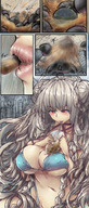bikini drawing giantess vore blushing giga city comic large_breasts long_hair destruction sitting straw panels embernaga