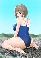 drawing giantess blushing giga city large_breasts butt swimsuit destruction barefoot brunette short_hair sitting looking_down smoke orenjii