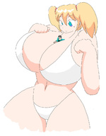 drawing gentle blonde color swimsuit blue_eyes cleavage huge_breasts smiling navel shrunken_man curvy no_background looking_at_tiny between_breasts woomy