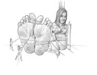 bikini drawing monochrome long_hair toes barefoot soles bondage sitting shrunken_woman no_background francpack