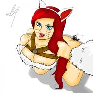 drawing vore large_breasts long_hair tongue cleavage butt_crush saliva cat_ears red_hair open_mouth point_of_view pointing scar mraramax