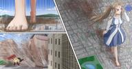drawing giantess city mega comic color long_hair destruction clothed toes barefoot brunette ponytail dress walking outdoors panels thedaibijin