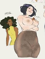 drawing black_hair long_hair topless short_hair nylons heart looking_down dark_skin shrunken_person dialogue no_background biting_lip between_breasts voreyeurism