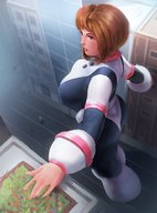drawing gentle giantess mega color large_breasts butt buildings brunette brown_eyes street strolling my_hero_academia maarthul ochaco_uraraka