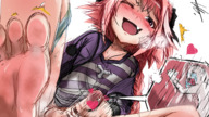 masturbation long_hair cum penis toes barefoot soles fang smiling pink_hair crossdressing necklace hanging_on no_background flushed preesoul astolfo